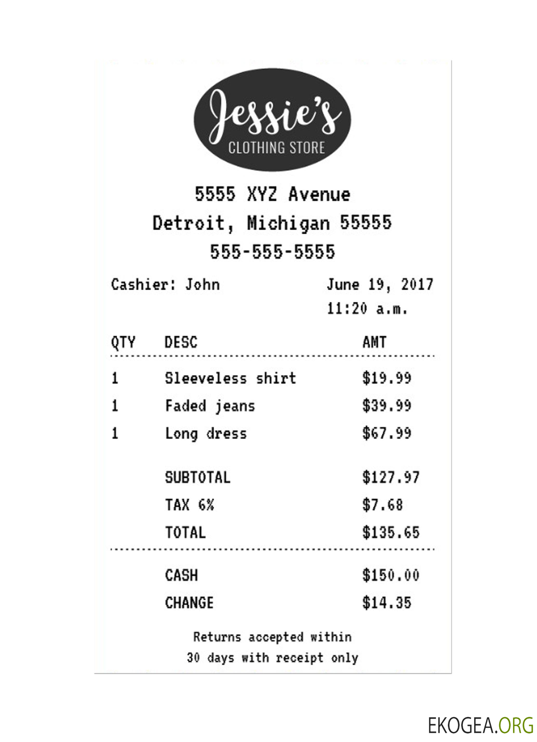 Reçu du MAGASIN DE VÊTEMENTS JESSIE'S